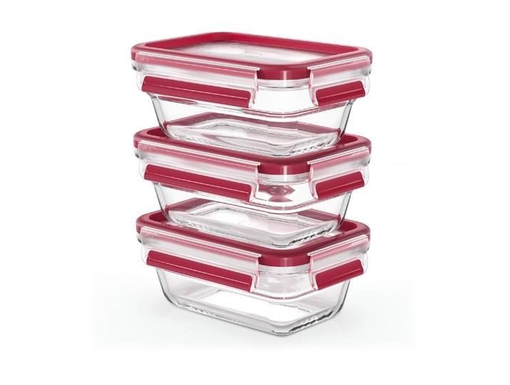 Vorratsdose EMSA Clip & Close Eco 3-teilig , rot (rot, transparent), Glas, Lebensmittelaufbewahrungsbehälter, Vorratsdose