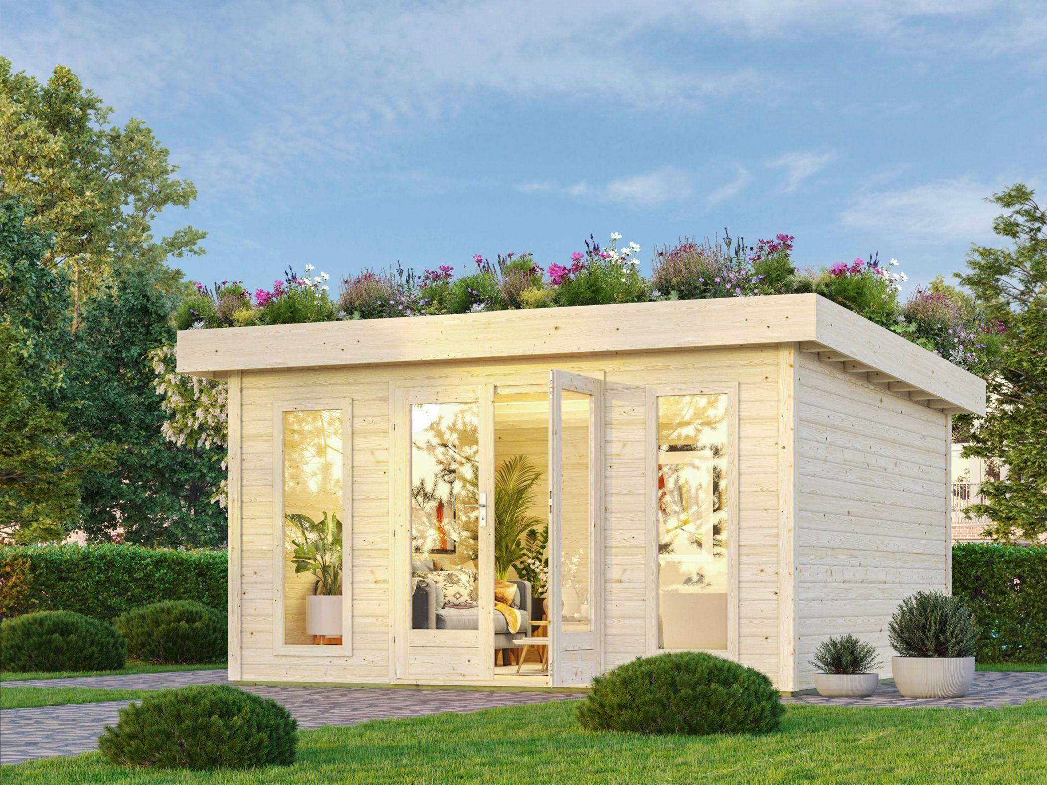 Gartenhaus Holz 38mm Blockbohlenhaus Gerätehaus Lotus Gründachhaus naturbelassen 397x397x238 cm