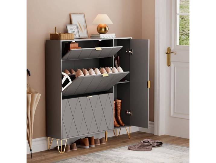 GOOBUY Armoire à Chaussure Inclinable Meuble à Chaussure Rangement Chaussure Etagère Caché et Cabinet Botte (Gris)
