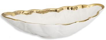"Alice Pazkus White Porcelain Leaf Shaped 16.75"" Bowl With Gold Border"