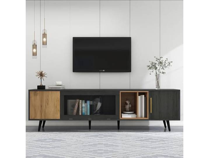 RAPRAP TV Schrank Holz 200cm für 90 Zoll, TV Lowboard Stehend Mit Klappbarer Changhong-Glastür & Kabelmanagement, Fernsehschrank Dunkelholz Grau-Maserung,200cm c