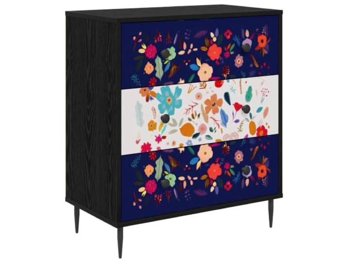 HKTMGDNG Kommode MAINZ 3 Schubladen Schwarz Eichen-Optik 66x36,5x76 cm Stylischer Beistellschrank mit Blumenmuster für Schlafzimmer und Wohnzimmer, gefertigt aus Holzwerkstoff in Schwarz.
