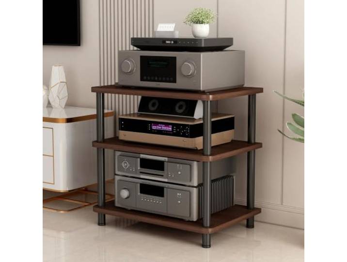 LEUBDIBR Massivholz‑Audio‑Regal mit verstellbaren Ablagen für Hi‑Fi‑Geräte Robuster Massivholzkern, variable Ebenenhöhen, zwei edle Oberflächen(Walnut,23.6x15.7x27.6in)