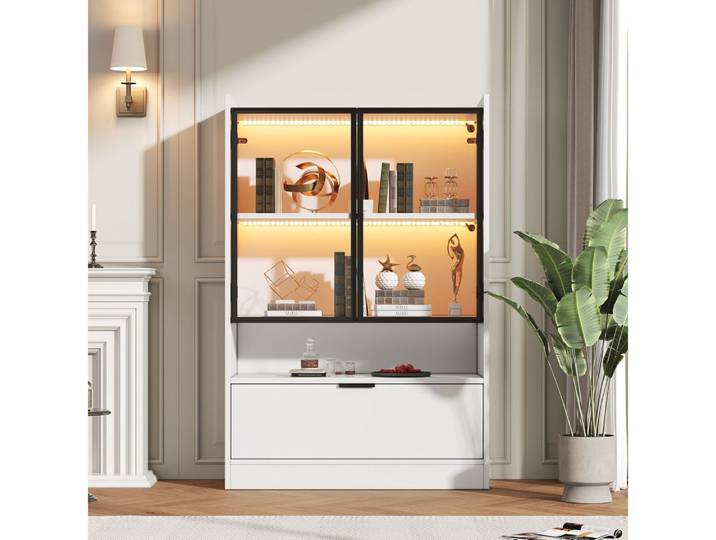 BBWL Vitrine Moderne Standvitrine mit Beleuchtung und Stauraum Wohnzimmerschrank LED Vitrine Weiß Matt mit Glastüren 120cm