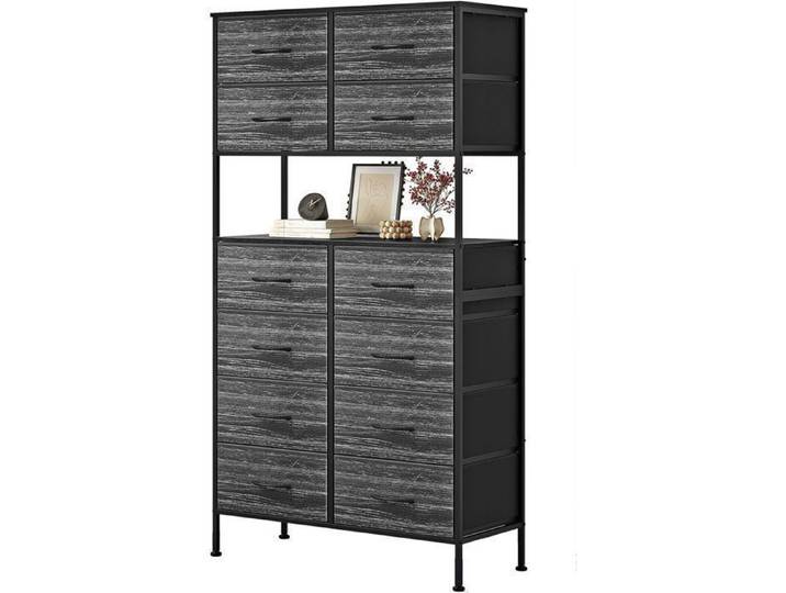 Commode 12 Tiroirs En Tissu Commode Chambre NETTAESENO Commode En Tissu Meuble de Rangement 35 x 80 x 162 cm Métal & MDF Noir