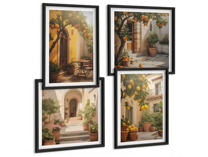 BILDER SET 4er Set - 50x50 cm & 40x60 cm Schwarzer Rahmen - Terrasse mit Zitrusbäumen