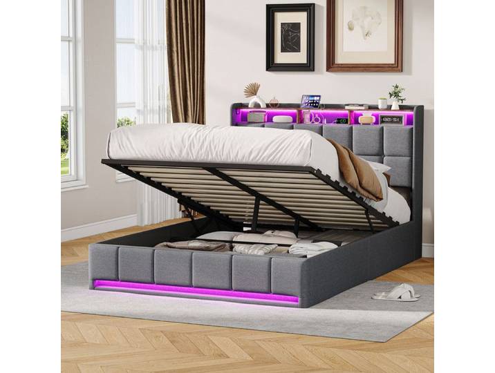 Lit coffre 160 x 200 cm lit 2 places avec USB et LED lit 160 x 200 cm avec sommier lit double 160 x 200 capitonné de lin gris