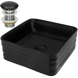 LuxeBath Waschbecken inkl. Ablaufgarnitur Schwarz ohne Überlauf 39x39x15 cm Schwarz aus Keramik ML-Design