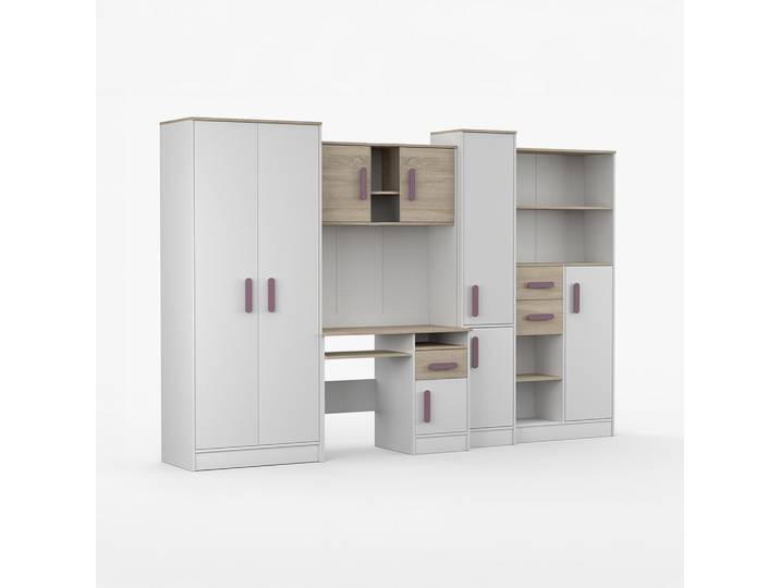 imoebel24 Wohnwand Markus Weiß Sonoma Eiche mit griffenfarbe: Erik, Weiß, Sonoma Eiche, Lila, 300x197x52 cm, Wohnzimmer, Wohnwände
