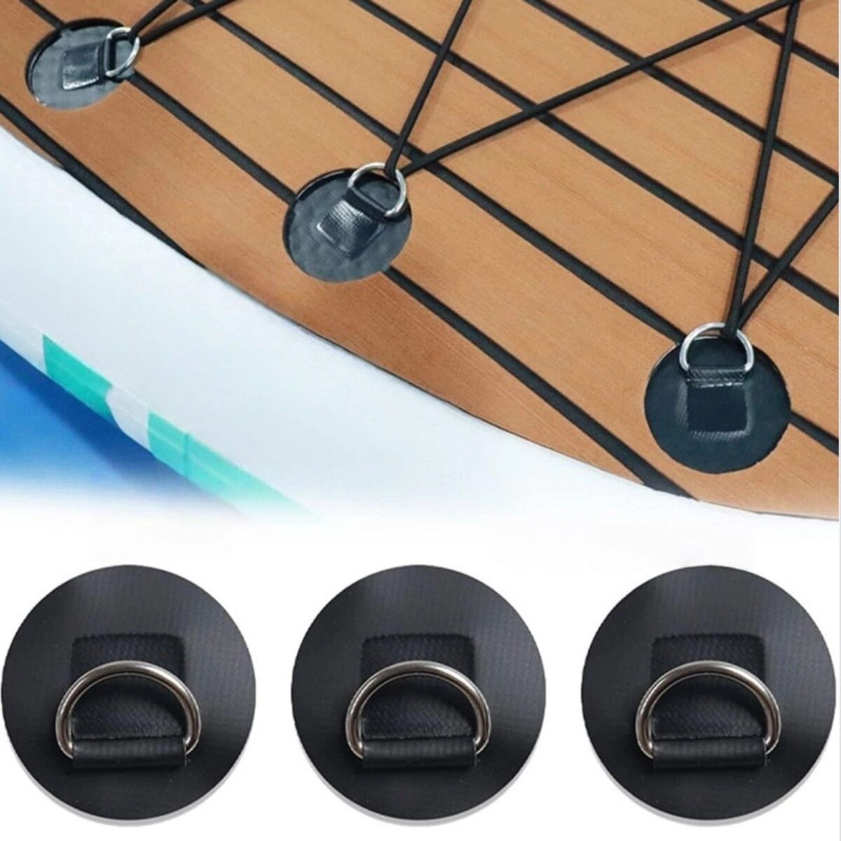 INF Kajak D-Ring-Befestigung 4er-Set — PVC-Patch und Edelstahl-D-Ring mit Sicherheitsleine, Schwarz