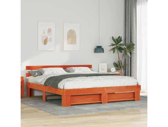 YUTAASU Bettrahmen mit Kopfteil Braun 180 x 200 cm Massives Kiefernholz Plattform-Lattenrost, Stabil, Einfacher Aufbau, Pflegeleicht, Modernes Design