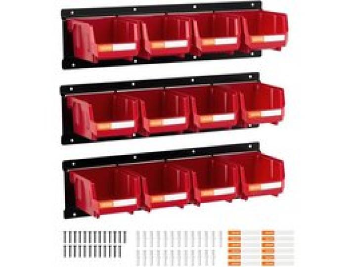 VEVOR Stapelboxen Wandmontage, 137x105x75mm Lagerboxen (12er-Pack) & 3 Metallschienen, Sichtlagerboxen für Schrauben Muttern Bolzen Nägel, Werkzeug-Organizer für Werkstatt Bastelraum Garage, Rot