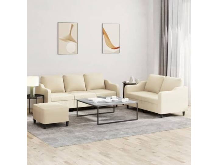 HEFZGDB 3-TLG. Sofagarnitur mit Kissen Creme Stoff – Bequemes Sitzmöbel Set mit atmungsaktivem Bezug und robustem Metallgestell, inklusive vielseitigem Fußhocker für Entspannung