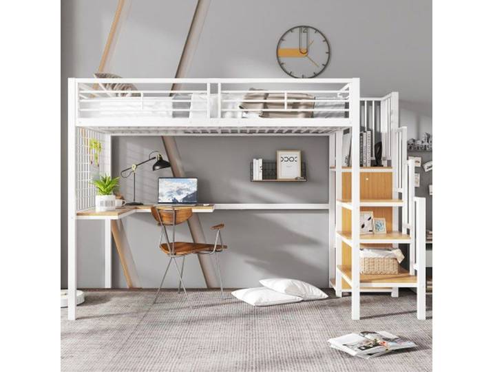 Lit mezzanine métallique 90x200 cm avec bureau et armoire blancnaturel échelle avec main courante