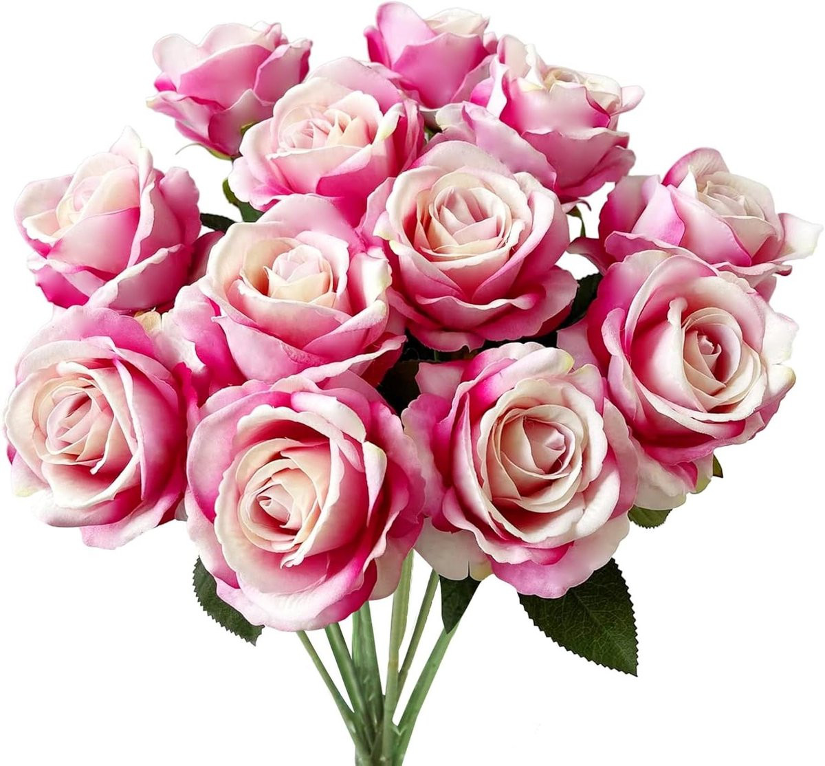 Set van 12 realistische zijden rozen voor decoratie - Donkerroze - 51 cm