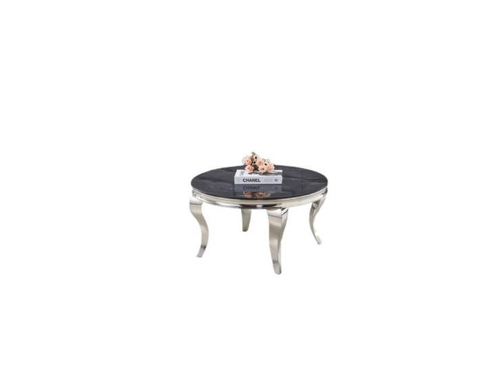 Table Basse BAROQUE Ronde Plateau Verre Trempé Marbré Noir Structure Chrome D80x45cm
