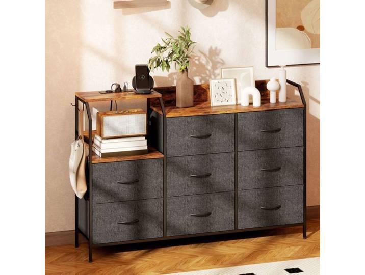 Commode - WESTYLE - 130 5x30x88cm - 8 tiroirs tissu pliables - Station de charge (AC USB USB‑C) - Style industriel