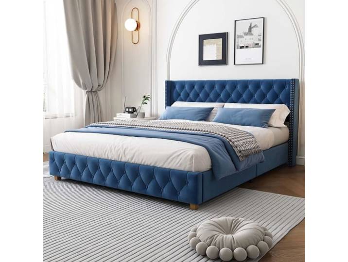 Lit adulte - ModernLuxe - 160x200cm - Tissu en velours - Sommier à lattes - Bleu