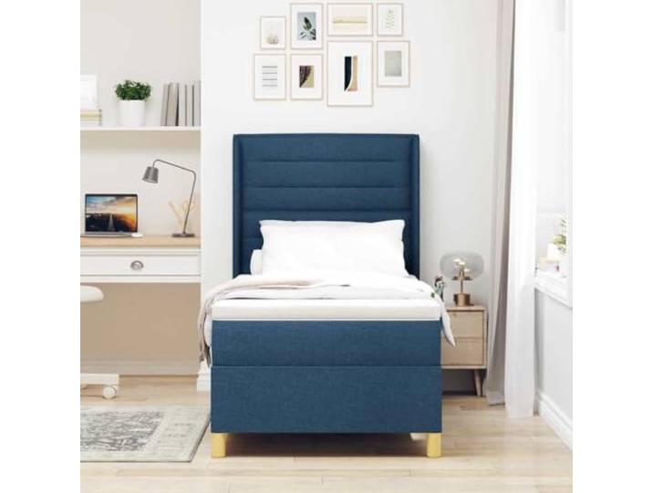 KTHLBRH Boxspringbett mit Matratze blau 90 x 190 cm Stoff Verstellbares Kopfteil, goldene Beine, Holzrahmen, stabiler Stand