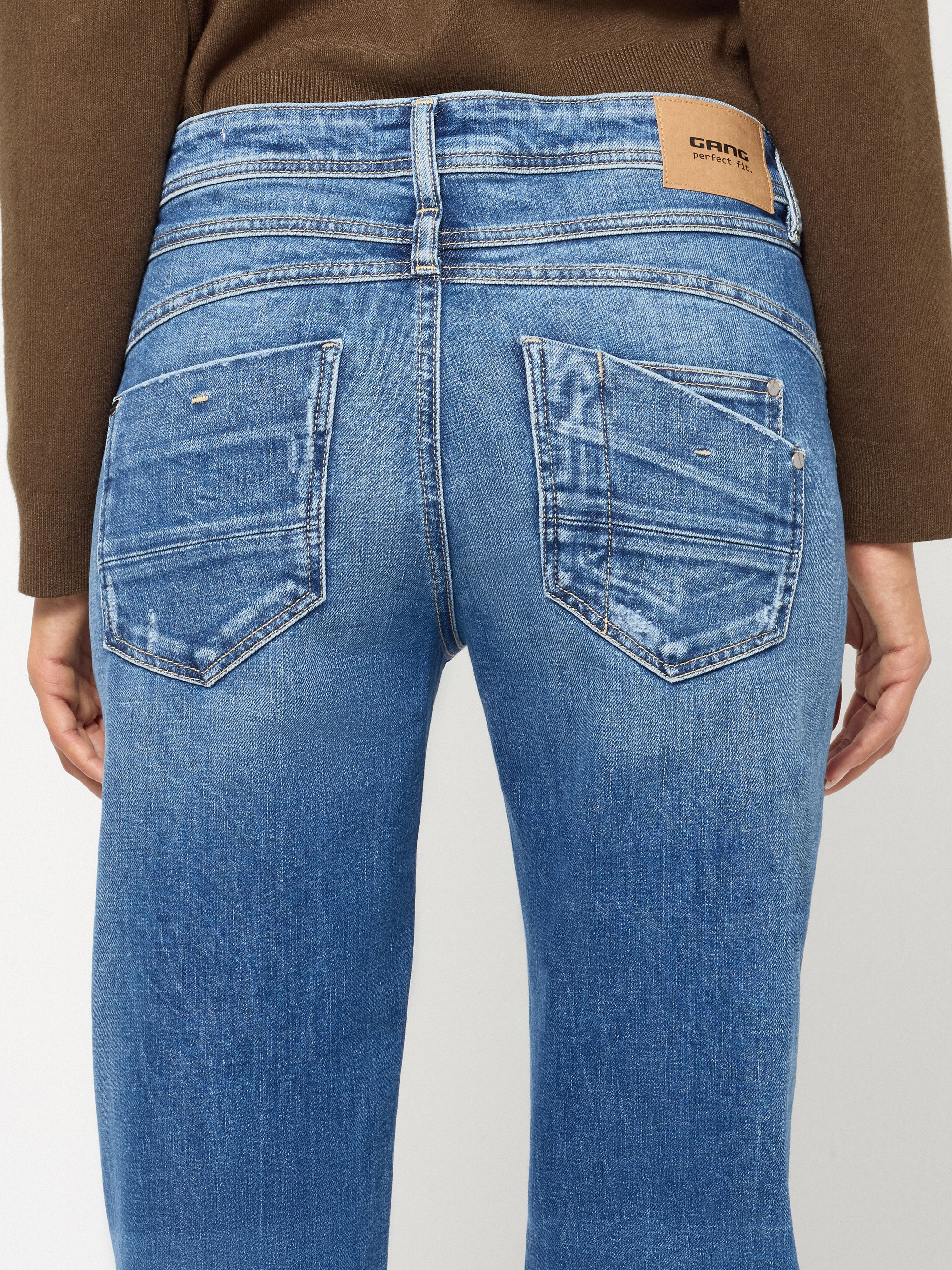 Loose-fit-Jeans GANG "94AMELIE STRAIGHT", Damen, Gr. 34, N-Gr, blau (blau small destroyed), Denim/Jeans, Obermaterial: 90% Baumwolle, 8% Polyester, 2% Elasthan, regular fit lang, Jeans Loose-fit-Jeans blau small destroyed 34, N-Gr