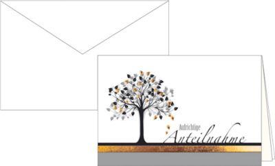 Trauerkarte Aufrichtige Anteilnahme, Motiv Baum mit Goldfolienprägung, 10er-Set