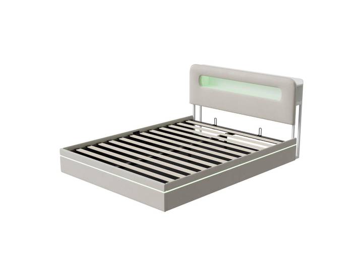 Shopentra Staurumbett 140X200Cm Samt Beige LED Kopfteil Stabil, Beige, Schlafzimmer, Betten