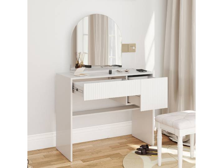 Table de maquillage blanche moderne avec miroir, coiffeuse avec tiroirs et étagères de rangement ouvertes, bureau cosmétique pour chambre à coucher