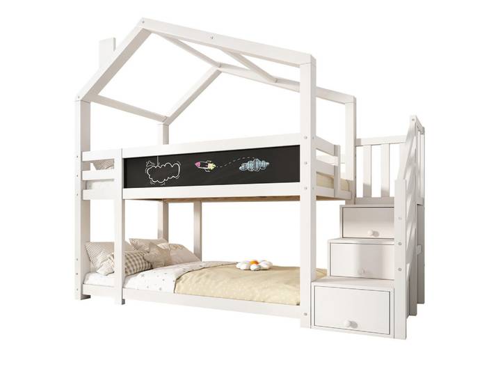 Redom Etagenbett 90/200 cm mit Stauraumtreppe, Tafel und Rausfallschutz, Weiß, 90x200 cm, Babymöbel & Kindermöbel, Kinderzimmer & Jugendzimmer, Stockbetten