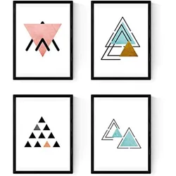 POSTER Set mit 4 Geometrische Nordischer Dreiecken im Blau und Rottönen A4 Schwarzer Rahmen