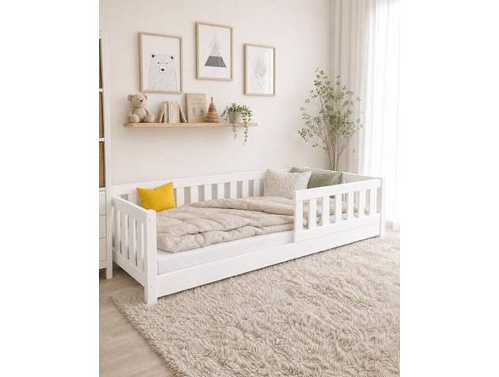 EcoBeds LULU Plus Bodenbett 90x200 cm Kiefer Massivholz bis 150 kg Weiß - mit Rausfallschutz und 18 cm Füßen, für Kinder, stabil, robust, einfache Montage