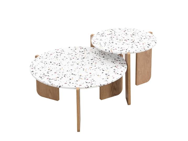 Ensemble de 2 tables basses gigognes blanches rondes pieds bois