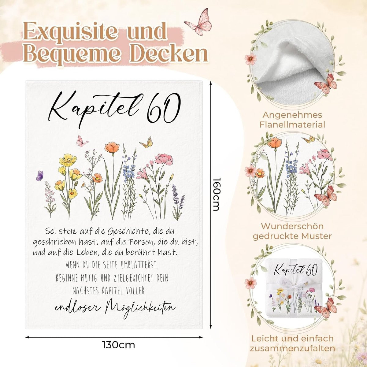 Cadeauset voor 60e verjaardag van vrouwen met flanellen deken, sokken en wenskaart