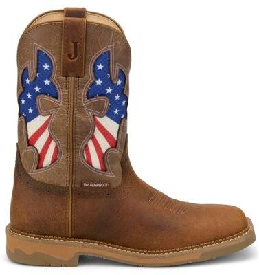 "Justin Boots Bolt 11"" Square Toe WP CT (Men's) Work in Pecan/Sand/Flag, Size 14 D, Leather"
