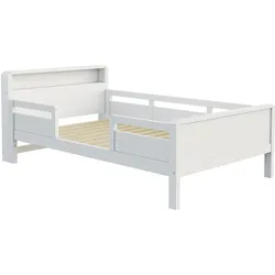 OKWISH Multifunktionsbett aus Kiefernholz in Weiß, 90 x 200 cm, mit LED-Leuchte, USB-/Typ-C-Anschluss und Ablagefach