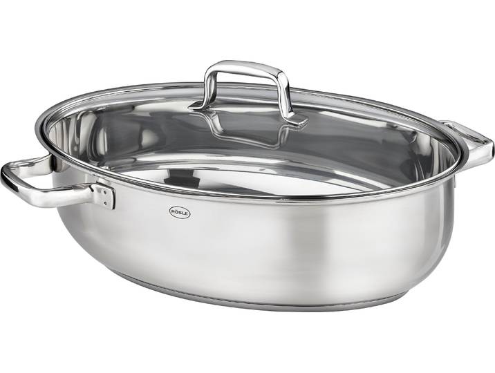Bräter RÖSLE MOMENTS mit Glasdeckel , silber (silberfarben), B:33cm H:19,5cm L:40,5cm, Töpfe, Bräter, oval