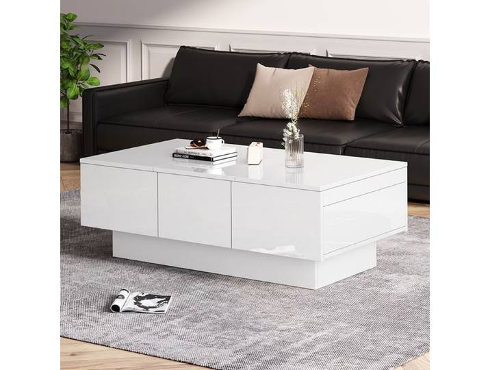 Table basse moderne haute brillance avec fonction coulissante 2 compartiments cachs 2 tiroirs