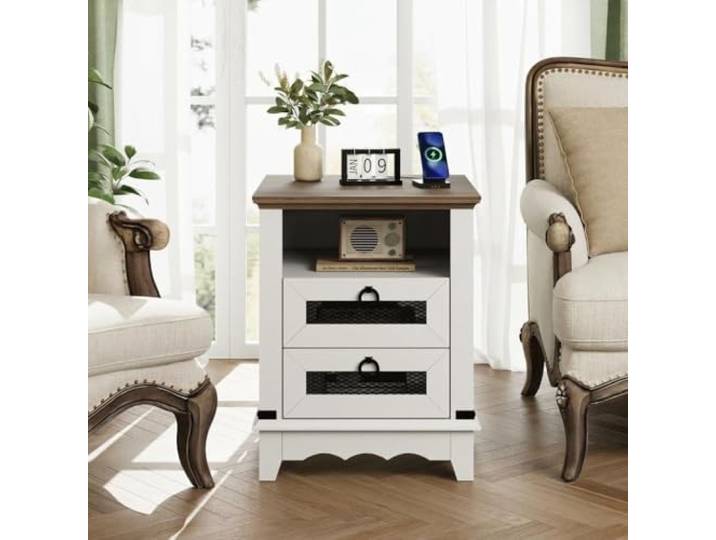 Garvee Moderner Landhausstil Beistelltisch/Nachttisch – 2 Schubladen – 2 USB-Anschlüsse – Offenes Fach – Perfekt für Schlafzimmer & Wohnzimmer – Braun-Weiß Kontrast