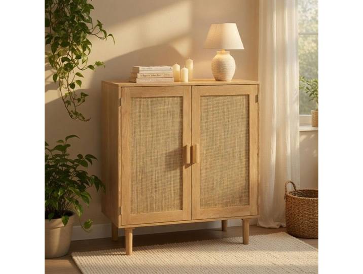 CollaHausse Armoire Rangement Rotin 2 Portes 80cm Salon Salle Manger Entrée Naturel