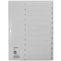 Leitz Papierregister, Zahlen/1233-85, grau, 1-12, A4, 240mm, 300mm