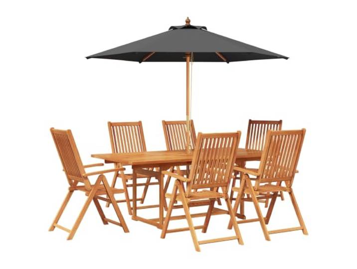 KTHLBRH Outdoor-Lunch-Set aus Akazienholz 8-teilig mit Sonnenschirm Ausziehbarer Tisch, Liegestühle, Lattenlehne, flache Armlehnen, Sonnenschirmloch, drei Höhen, UV-Polyester