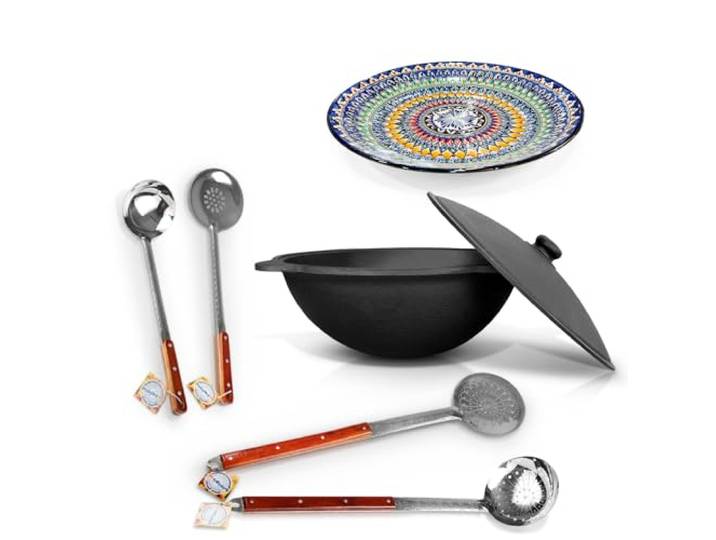 ZARENHOFF Set - Usbekischer Gusseisen Kasan 22 L runder Boden, Deckel aus Aluminiumguss 2 Schaumlöffel 64 cm Schöpfkelle 48 cm Schaumlöffel 48 cm Lagan 42 cm Camping шашлык (Set - 636)