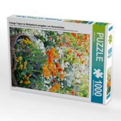 CALVENDO Puzzle Orange Tulpen im Weidenkorb umgeben von Hornveilchen | 1000 Teile Lege-Größe 64x48cm Foto-Puzzle für glückliche Stunden