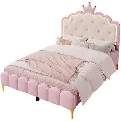 OKWISH Polsterbett 140x200 mit Lattenrost und Ambientebeleuchtung, Krone-Design, elegantes Märchenbett, modernes Schlafzimmer, Rosa