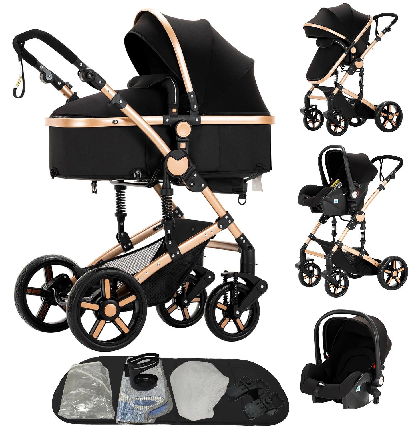 Kinderwagen 3-in-1 - B588 Kombikinderwagen - Für Neugeborene - Mit Babyschale - Hohe Sitzposition - Faltbar - Über 20 kg - Schwarz/Gold