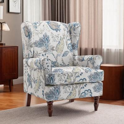 "27.95"" Linen Accent Chair with Retro Wood Legs and Floral Design and Wing Back Design"