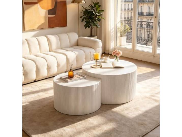 RYDZCLH Rundes Couchtisch mit geriffelter 2er-Set,Keine Montage Moderne Stapelbar Runde Couchtische,Runde Satztische 2er-Set Holz,Beistelltisch Satztisch für Wohnzimmer kleine Räume