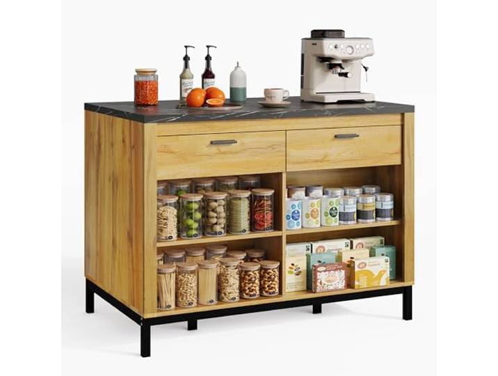 Ropilly Kücheninsel im Landhausstil mit Barbereich, MDF, 120 cm Kücheninsel mit zwei Schubladen, vier offenen Fächern und schwarzer Marmoroptik