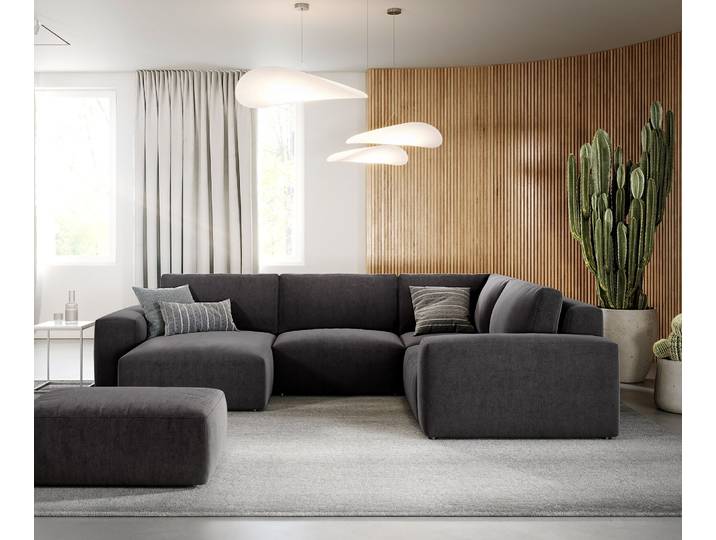 Wohnlandschaft Lanzo 300x210 cm Mikrofaser Schwarz Recamiere variabel mit Hocker, Wohnlandschaften