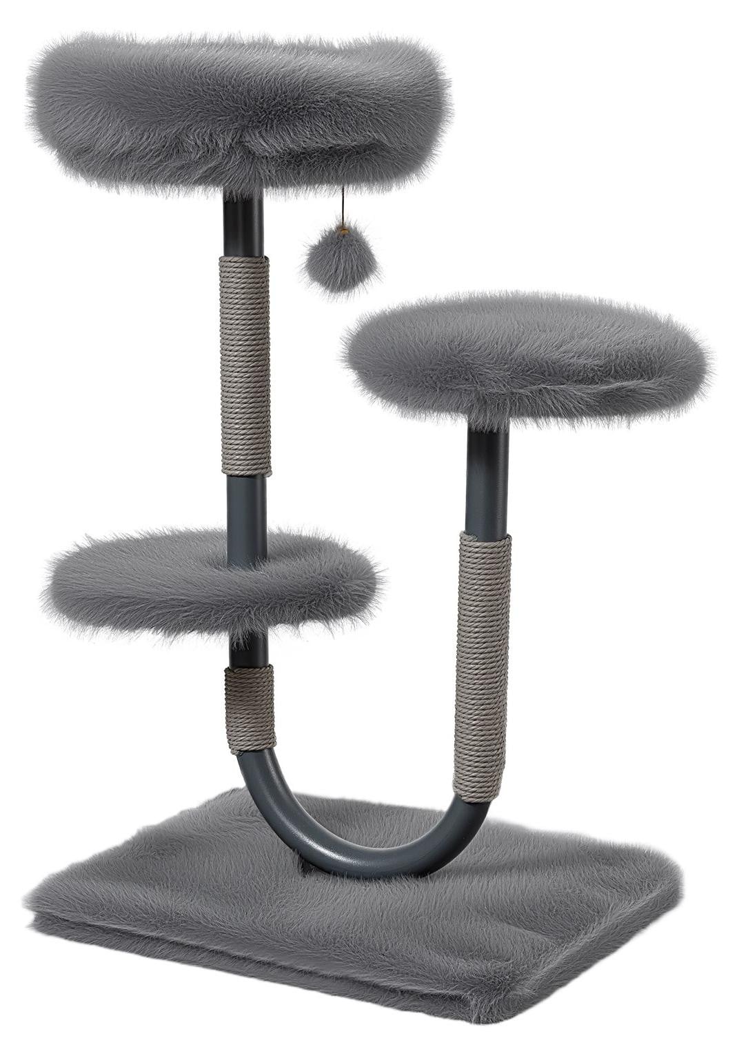Fudajo Urban Compact grijze krabpaal met U-vormig kattenbed, krabsnoer en speelbal, Hoogte: 99 cm