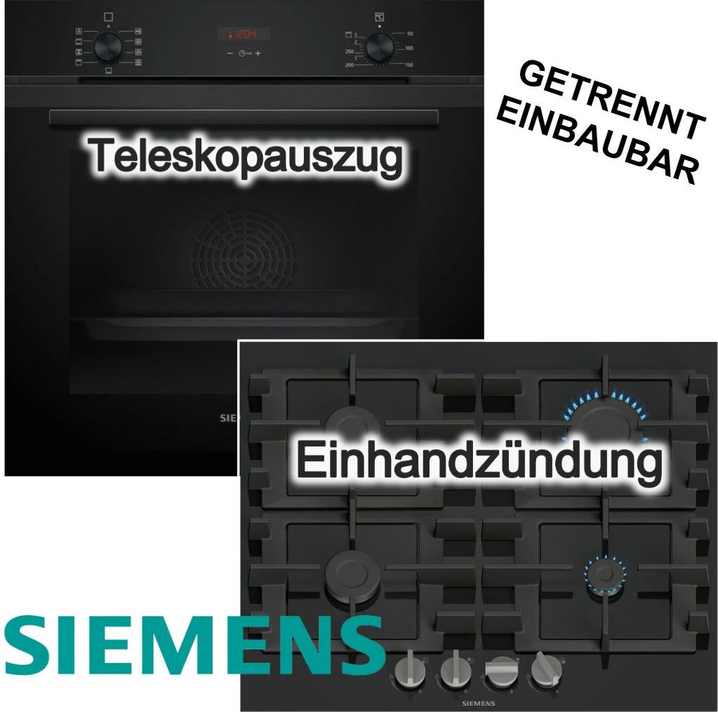 Herdset SIEMENS Backofen 71L Eco Clean 3D Heißluft Teleskopauszug 60cm Schwarz + Gas Kochfeld